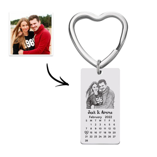 Angle view of personalised photo calendar keychain showing the keyring, selectable date and custom text engraving — thoughtful wedding favour, Mother’s Day or graduation keepsake