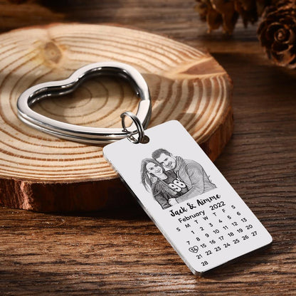 Angle view of personalised photo calendar keychain showing the keyring, selectable date and custom text engraving — thoughtful wedding favour, Mother’s Day or graduation keepsake