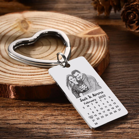 Angle view of personalised photo calendar keychain showing the keyring, selectable date and custom text engraving — thoughtful wedding favour, Mother’s Day or graduation keepsake