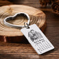 Angle view of personalised photo calendar keychain showing the keyring, selectable date and custom text engraving — thoughtful wedding favour, Mother’s Day or graduation keepsake