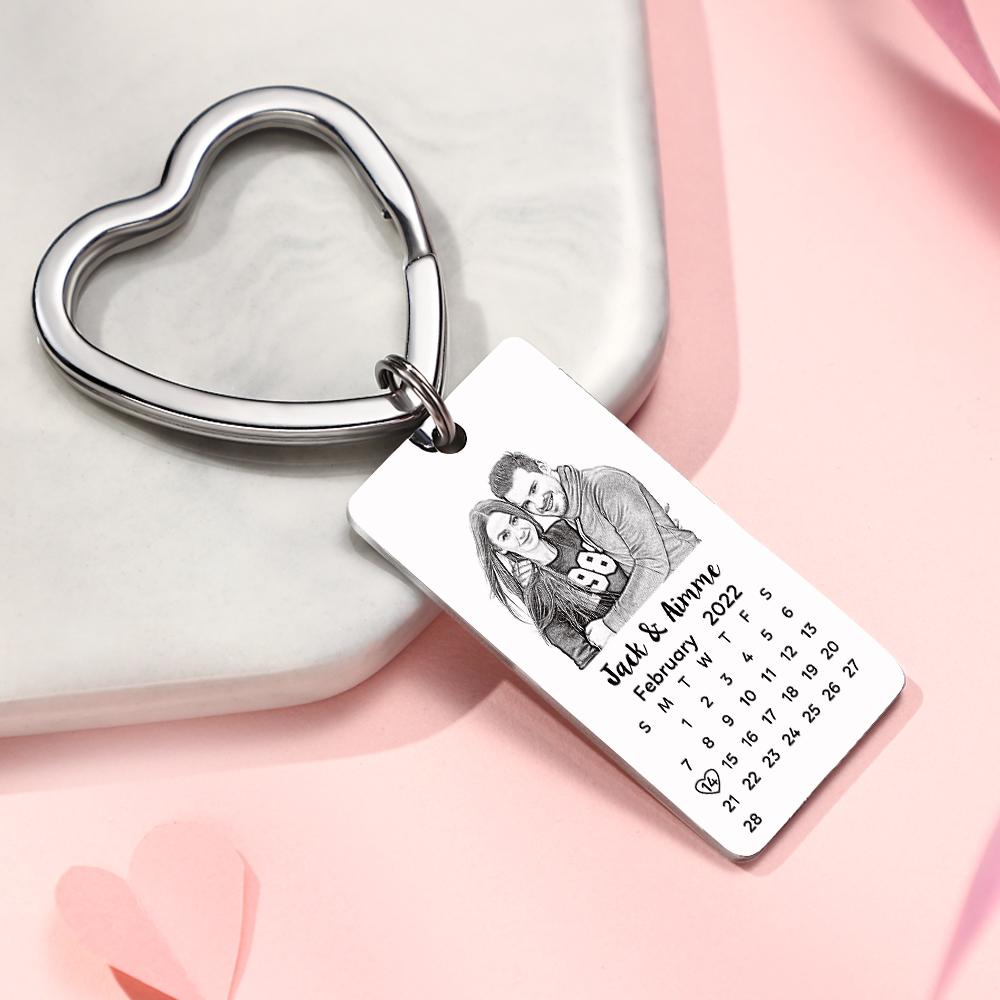 Close-up of stainless steel personalised keyring showcasing custom-engraved name, photo insert and compact calendar design — perfect gift for wife, mum or partner