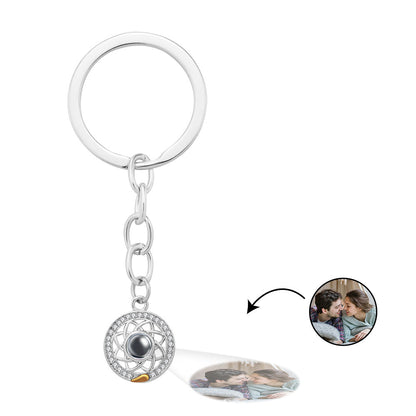 Personalised Sun & Moon photo projection keyring in copper, close-up of pendant and keyring — custom couple keepsake