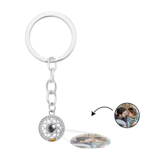 Personalised Sun & Moon photo projection keyring in copper, close-up of pendant and keyring — custom couple keepsake