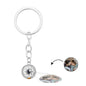 Personalised Sun & Moon photo projection keyring in copper, close-up of pendant and keyring — custom couple keepsake