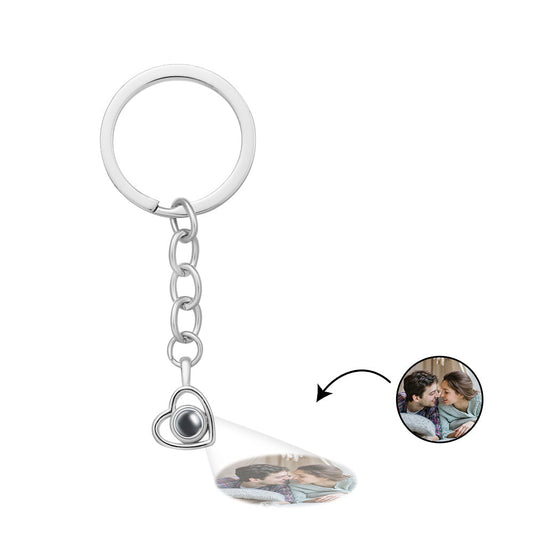 Custom heart-shaped photo projection keychain showing a clear miniature couple image when held to light – personalised couple gift