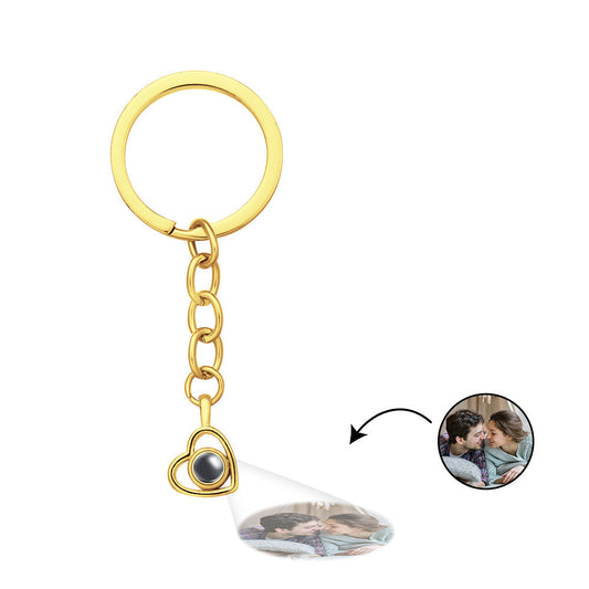 Custom heart-shaped photo projection keychain showing a clear miniature couple image when held to light – personalised couple gift