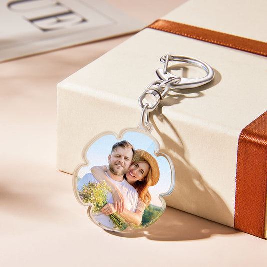 Personalised photo flower keyring — clear petal acrylic pendant with custom photo and silver keyring, ideal personalised gift for girls, women and pet lovers