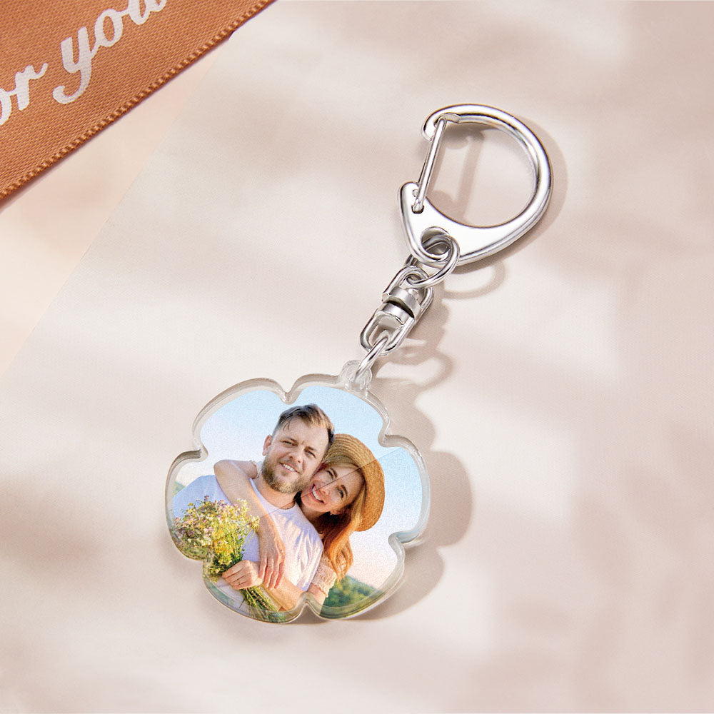 Close-up of custom petal acrylic pendant on a silver keyring showing glossy finish and inserted photograph, perfect as a bag charm and mini photo frame keepsake