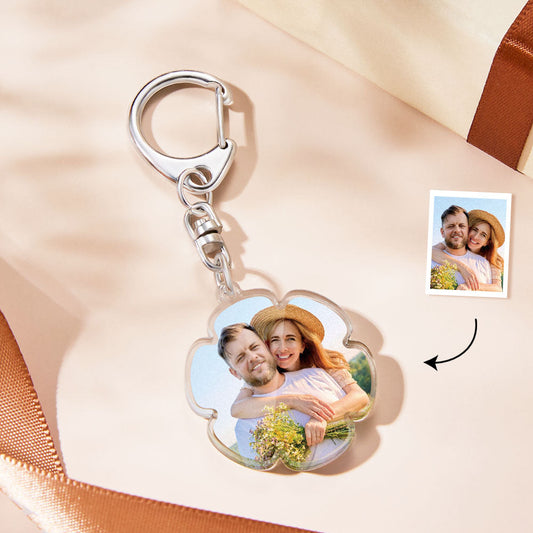 Personalised photo flower keyring — clear petal acrylic pendant with custom photo and silver keyring, ideal personalised gift for girls, women and pet lovers
