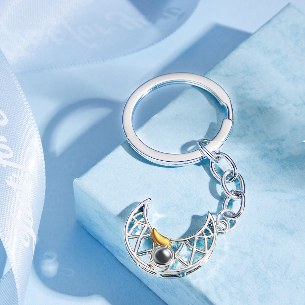 Gift-ready personalised Sun & Moon photo projection keyring presented as a sentimental keepsake for weddings, Mother’s Day and memorials