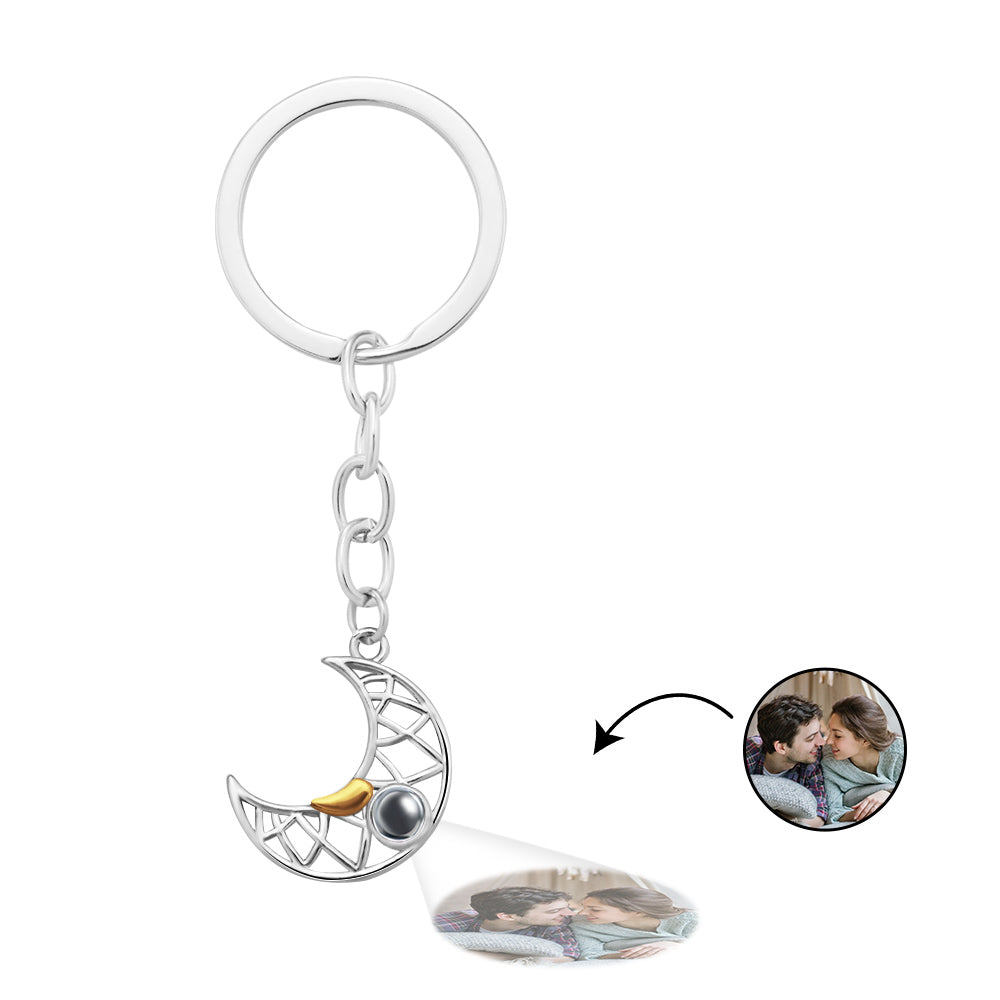 Hand-held Sun & Moon photo projection keyring in copper displaying sample projected image — thoughtful custom couple keepsake