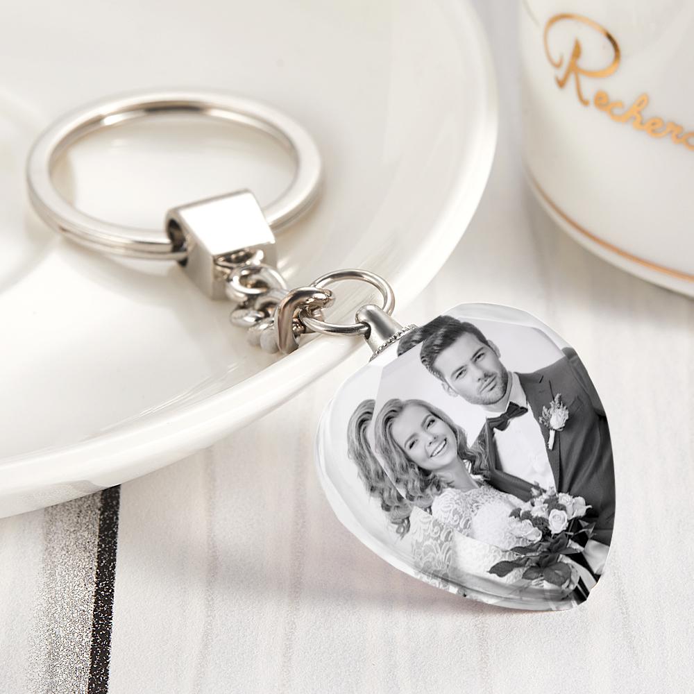 Personalised crystal keyring with laser‑embedded black and white photo and metal key ring — premium monochrome finish, ideal personalised Valentine's gift