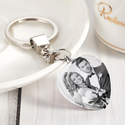 Personalised crystal keyring with laser‑embedded black and white photo and metal key ring — premium monochrome finish, ideal personalised Valentine's gift