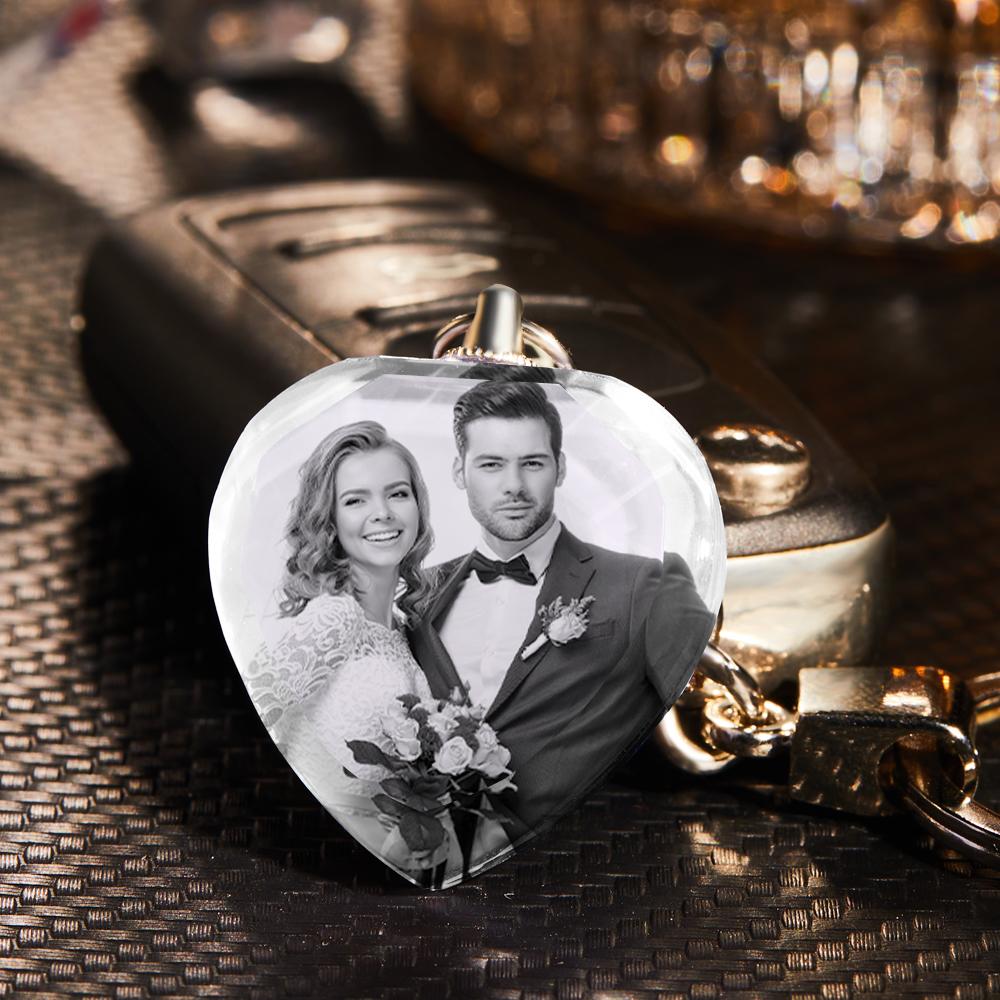 Close‑up of personalised photo crystal keyring showing detailed monochrome portrait engraved in premium crystal — elegant memorial keepsake or Mother's Day gift