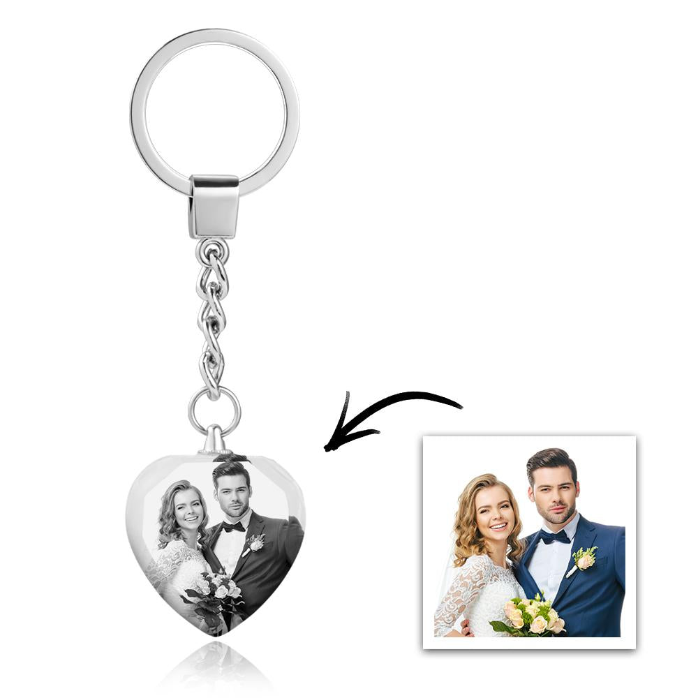 Group view of personalised crystal keyring with monochrome portrait alongside keys, showing everyday use and the clear laser‑embedded photo finish