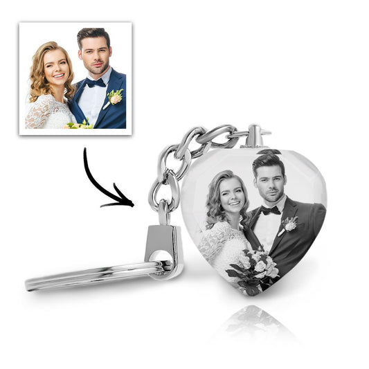 Personalised crystal keyring with laser‑embedded black and white photo and metal key ring — premium monochrome finish, ideal personalised Valentine's gift