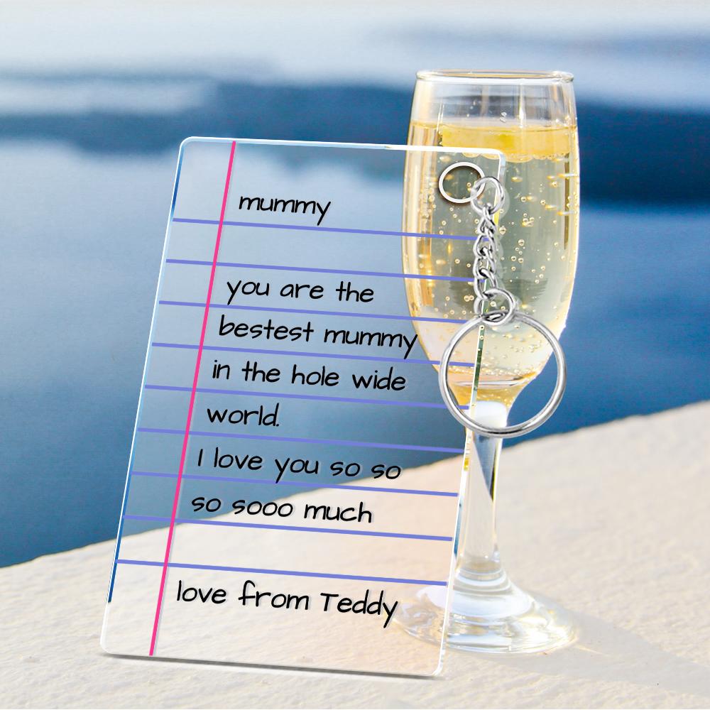 Personalised square engraved keyring reading ‘I love you’ — custom Mother's Day gift for Mum, modern minimalist metal keepsake on a white background