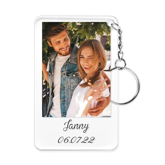 Personalised photo keychain close-up showing a high-resolution custom photo encased in a durable rectangular keyring with metal split ring — ideal custom photo keyring gift for birthdays, anniversaries or memorials