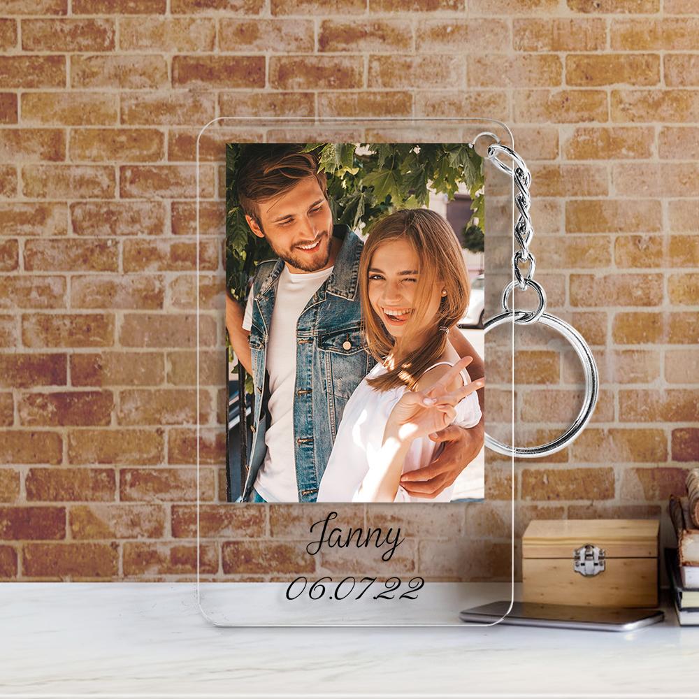Two personalised photo keychains showing printed photo front and engraved back, highlighting durable print quality and careful inspection — thoughtful custom photo keyring present for anniversaries and Father’s Day