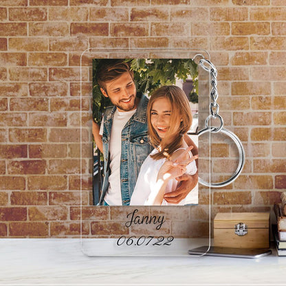 Two personalised photo keychains showing printed photo front and engraved back, highlighting durable print quality and careful inspection — thoughtful custom photo keyring present for anniversaries and Father’s Day