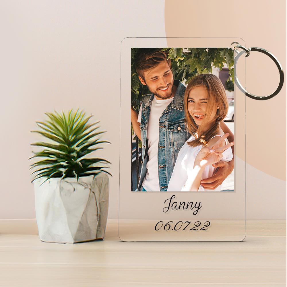 Personalised photo keychain attached to keys and a bag zip, compact practical design for everyday use — perfect personalised graduation or farewell gift