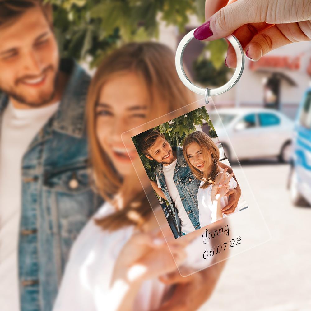 Personalised photo keychain close-up showing a high-resolution custom photo encased in a durable rectangular keyring with metal split ring — ideal custom photo keyring gift for birthdays, anniversaries or memorials