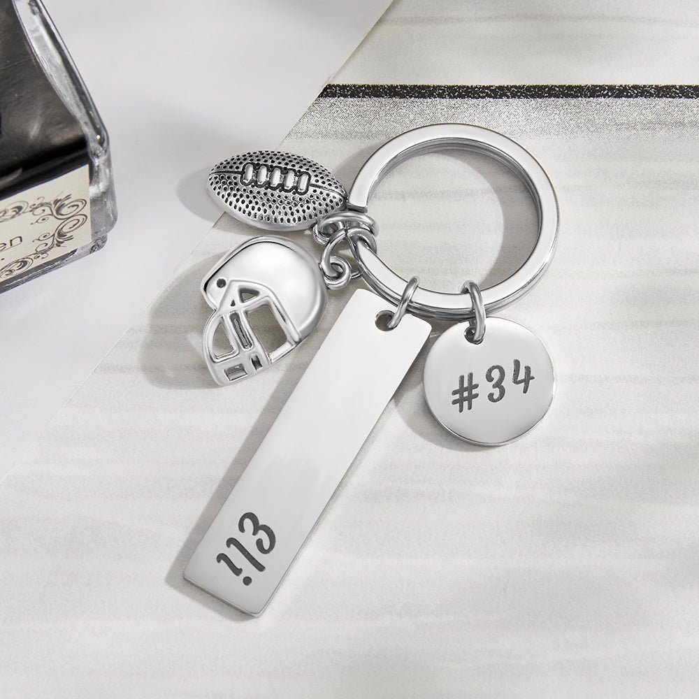 Personalised hand-stamped football keychain with custom engraved name on metal tag and split ring – perfect football gift