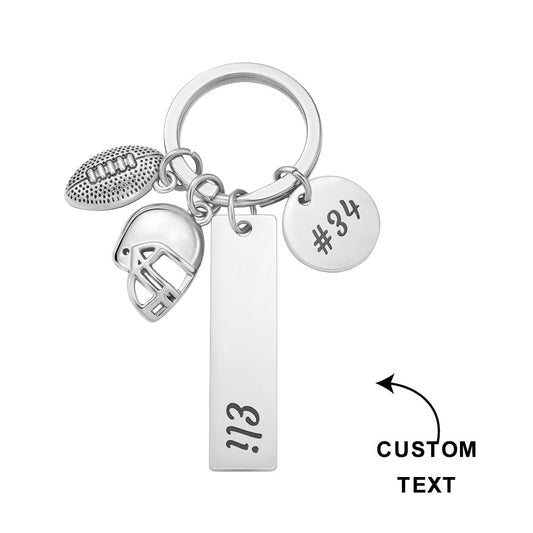 Personalised hand-stamped football keychain with custom engraved name on metal tag and split ring – perfect football gift