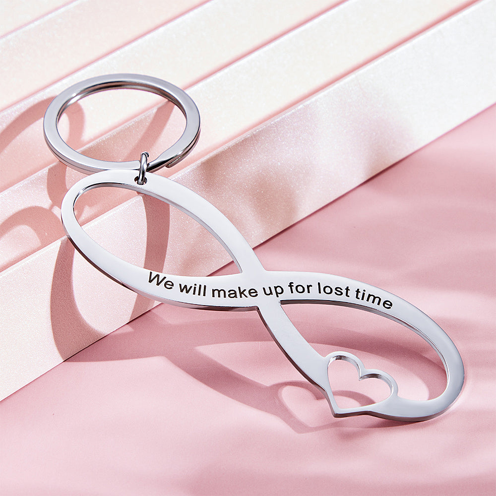 Personalised engraved infinity keyring on a split ring, ideal custom gift with names, initials or short message