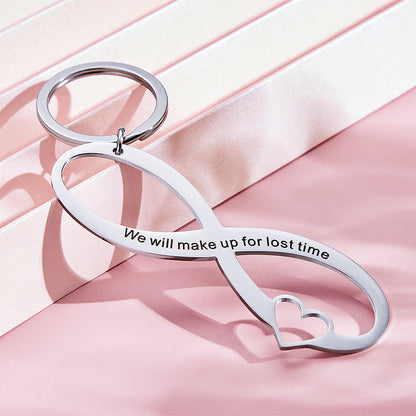 Personalised engraved infinity keyring on a split ring, ideal custom gift with names, initials or short message