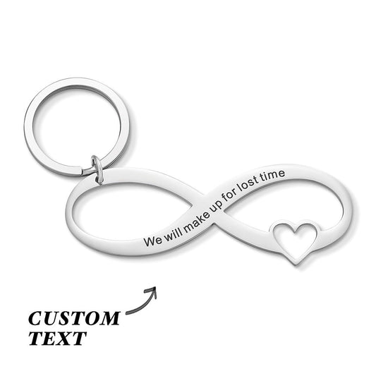 Personalised engraved infinity keyring with hollow-out design and custom message on a simple white background