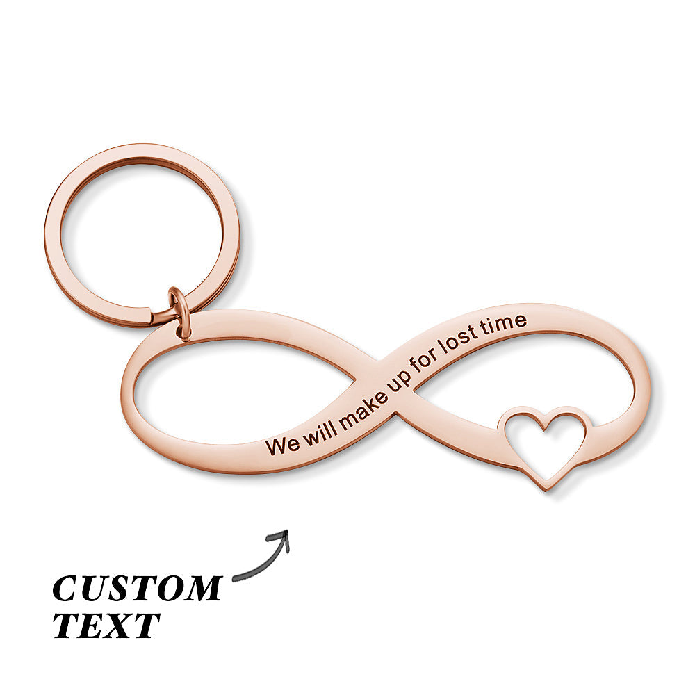 Close-up of personalised engraved infinity keyring showing crisp custom text and hollow-out infinity motif