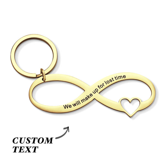 Personalised engraved infinity keyring with hollow-out design and custom message on a simple white background