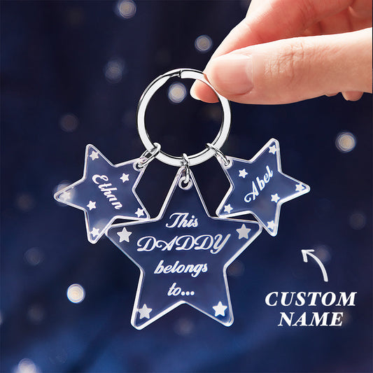 Personalised engraved star keychain attached to keys, demonstrating practical everyday use as a unique custom keyring and memorable gift for weddings or anniversaries
