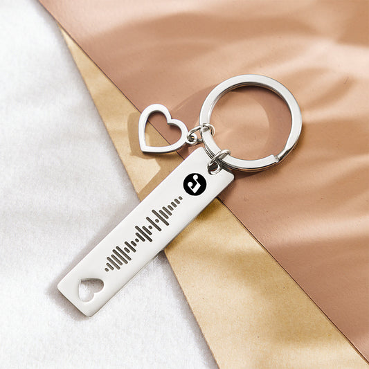 Gift-ready presentation of a personalised scannable keyring with photo and custom engraving in neat packaging — unique music plaque-style keepsake.
