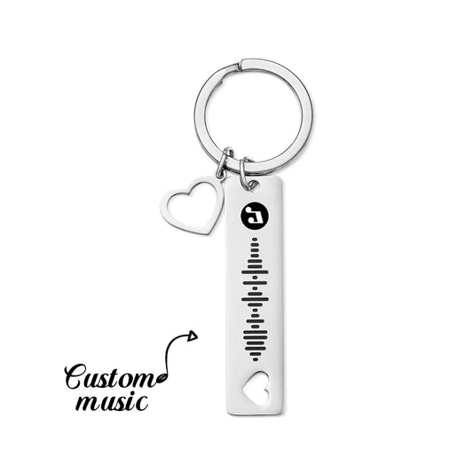 Gift-ready presentation of a personalised scannable keyring with photo and custom engraving in neat packaging — unique music plaque-style keepsake.