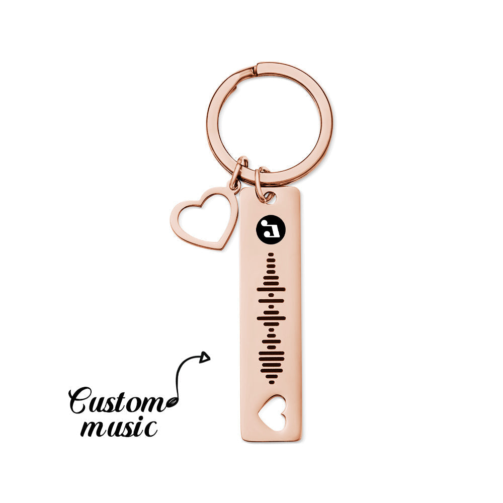 Personalised Engraved Heart Keyring on a keyring set showing a high-resolution photo beside the scannable music code — a custom keepsake gift.