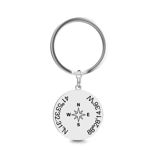Personalised stainless steel coordinates keychain with working compass and engraved latitude and longitude — custom keyring gift