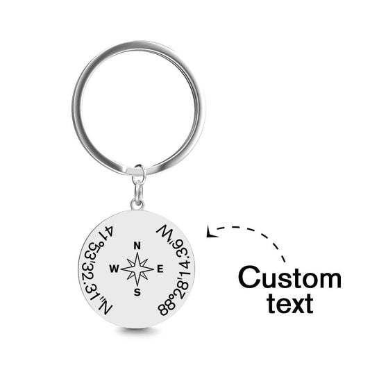 Personalised stainless steel coordinates keychain with working compass and engraved latitude and longitude — custom keyring gift