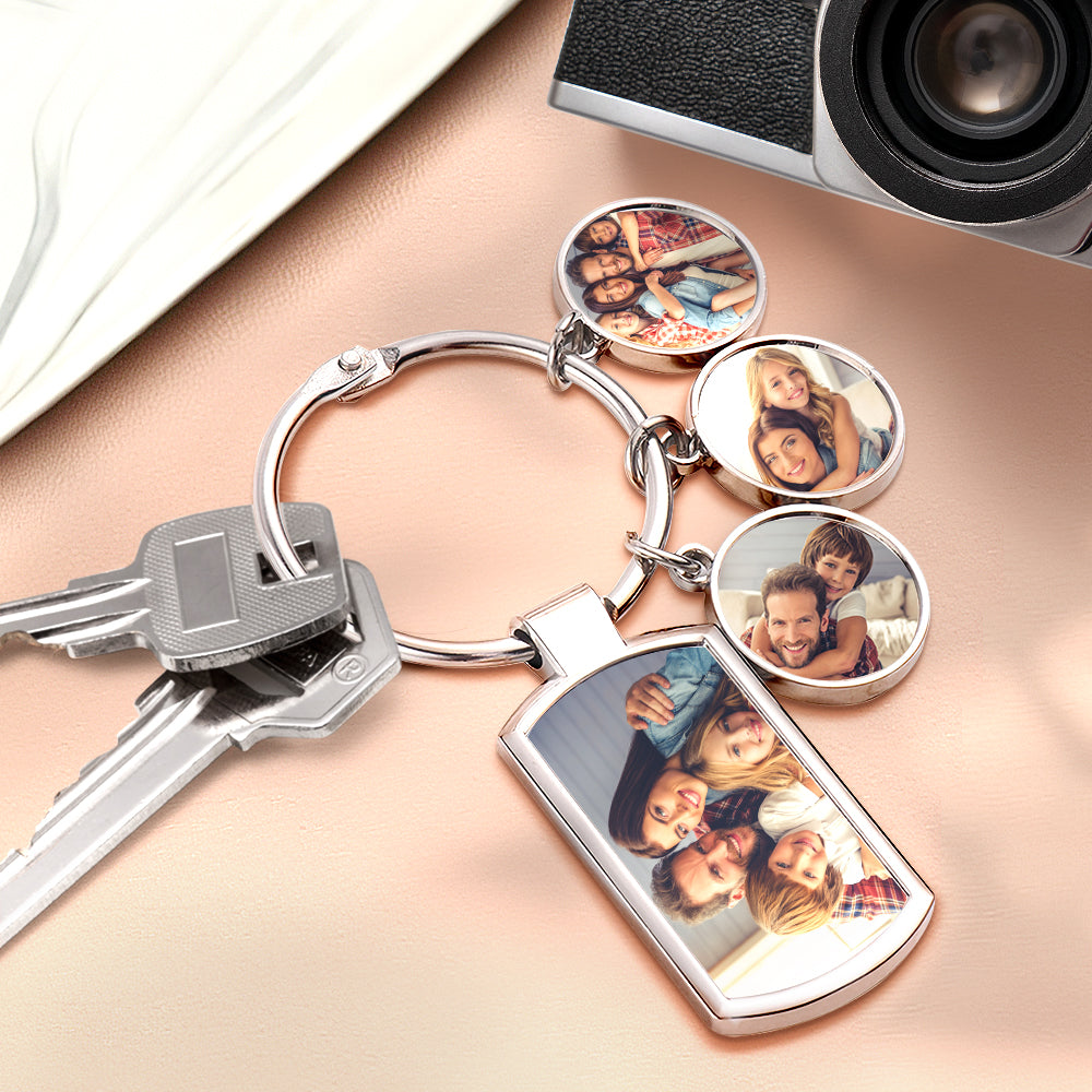 Collection of personalised custom photo keyrings displaying multiple high-resolution photos — ideal wedding favour, Mother's Day or anniversary gift