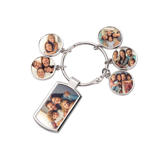 Personalised custom photo metal keyring — close-up of alloy keychain with custom printed photo and personalised text, gift for him or her