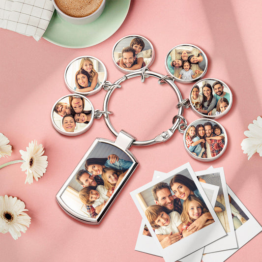 Personalised custom photo metal keyring — close-up of alloy keychain with custom printed photo and personalised text, gift for him or her