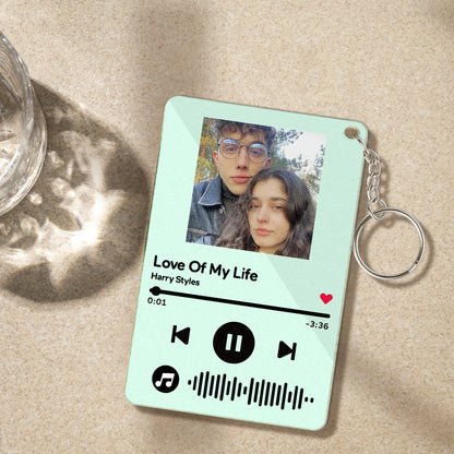 Side view of durable colourful acrylic Scannable Music Keyring highlighting compact, lightweight design and secure keyring attachment — personalised keychain present