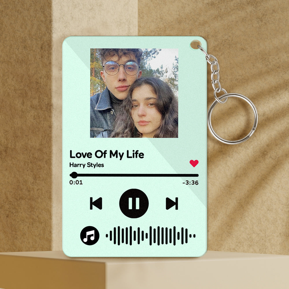 Close-up of colourful acrylic Scannable Music Keyring showing engraved scannable code and custom text on a personalised photo keychain — ideal gift for her or teens