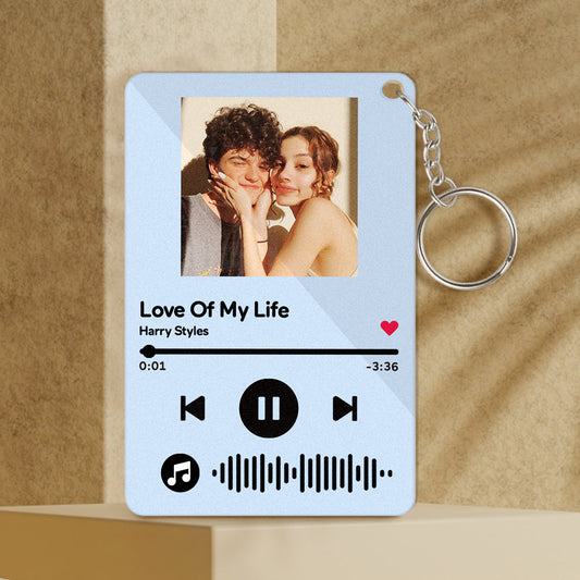 Personalised Scannable Music Keyring — colourful acrylic mini plaque with your photo and engraved scannable music code, perfect personalised music keepsake gift