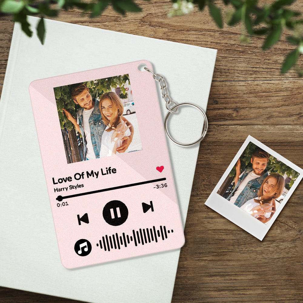 Personalised Scannable Music Keyring — colourful acrylic mini plaque with your photo and engraved scannable music code, perfect personalised music keepsake gift