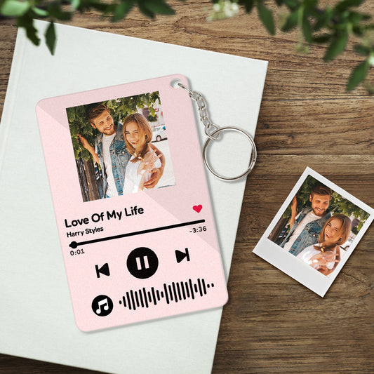 Personalised Scannable Music Keyring — colourful acrylic mini plaque with your photo and engraved scannable music code, perfect personalised music keepsake gift
