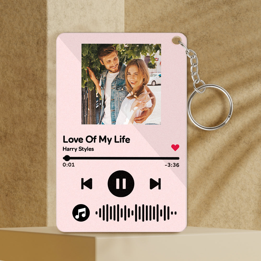 Alternate colour Scannable Music Keyring with high-resolution photo and clear scannable music code — personalised photo gift and music keepsake for special occasions