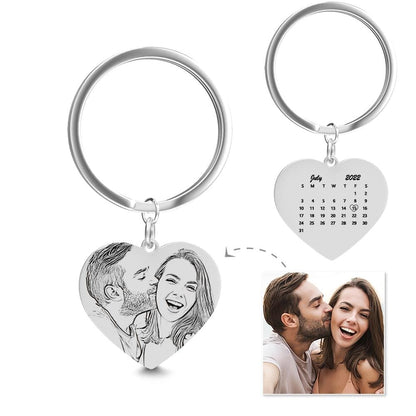 Stainless steel heart keyring on a split ring with personalised calendar engraving and custom photo insert — perfect gift for wife, husband or partner