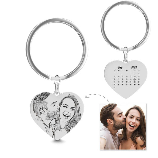 Stainless steel heart keyring on a split ring with personalised calendar engraving and custom photo insert — perfect gift for wife, husband or partner